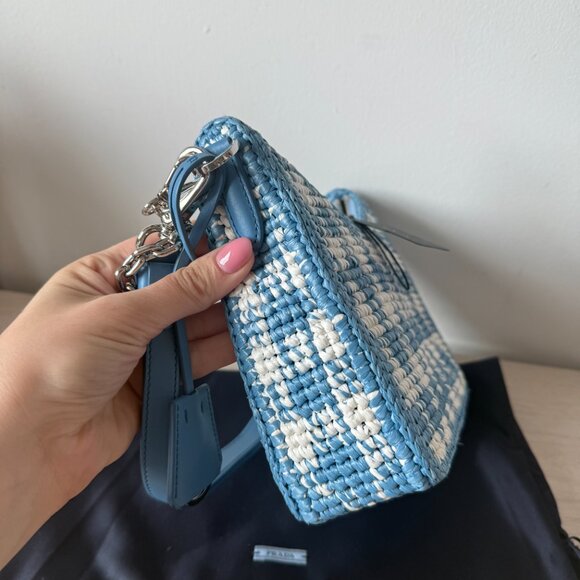 NWT Prada Re-Edition Mini Shoulder Bag Celeste Raffia Gingham Pattern Chain - Picture 8 of 10